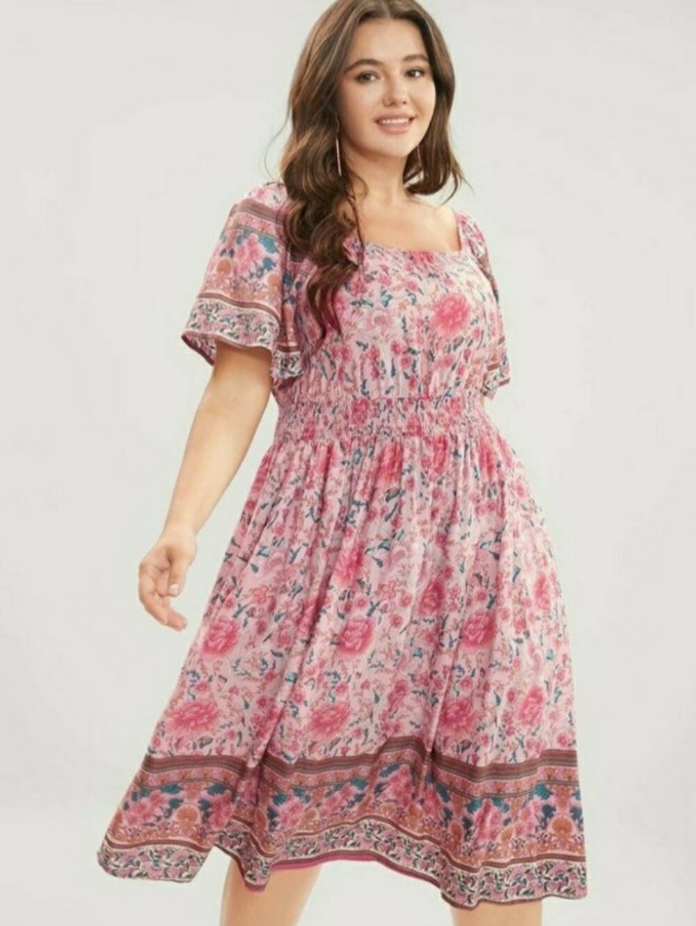 BloomChic Pink Floral V-Neck Boho Midi Dress with Teal and White Floral Accents